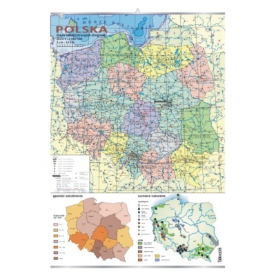 PLANSZA - MAPA POLSKI ADMINISTRACYJNO- DROGOWA + MAPKI GĘSTOŚCI ZALUDNIENIA I SUROWCÓW (PLA312)