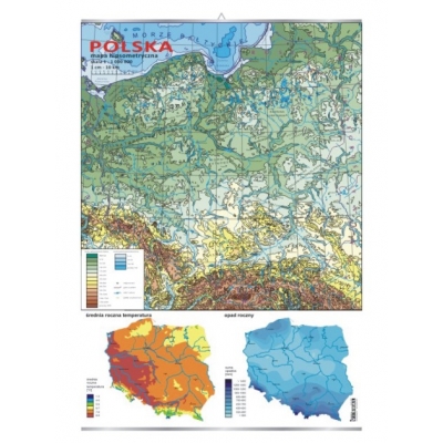 PLANSZA POLSKA MAPA HIPSOMETRYCZNA + MAPKI TEMPERATURY I OPADÓW (PLA314)