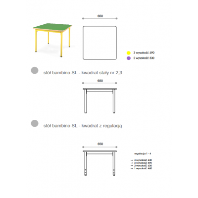 STÓŁ PRZEDSZKOLNY REGULOWANY BAMBINO SL KWADRATOWY 65x65 CM /ROZM.1-4  (KLS017)